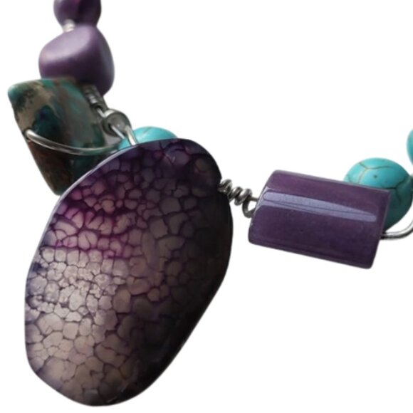 Hand-Crafted Wire Wrapped Purple & Turquoise Gemstone Bangle Cross Bracelet - Picture 8 of 10